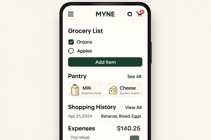 MYNE Shopping app interface displaying grocery management features