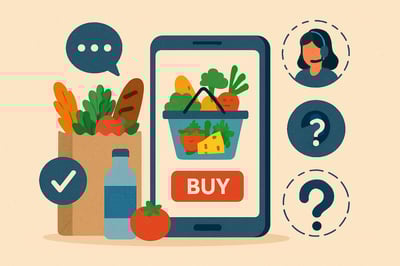Newsletter illustration showing a phone, grocery items, and support icons